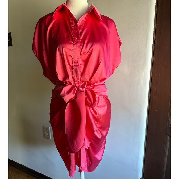 DO + BE | Pink Satin Tie Waist Short Sleeve Shirt Party Dress Draped Mini Medium - Picture 2 of 8